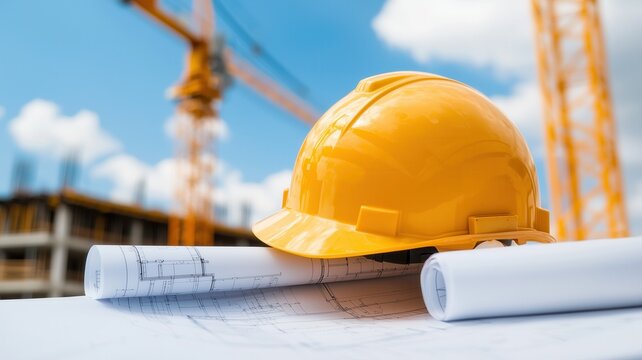 A yellow construction helmet placed on top of rolled architectural blueprints, with construction cranes in the background against a clear blue sky.