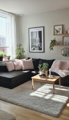 Scandinavian Living Room Interior With Black Sofa, Stylish Home Decor, And Potted Plants.