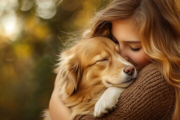 Heartwarming moment: woman hugging her golden retriever in autumn setting