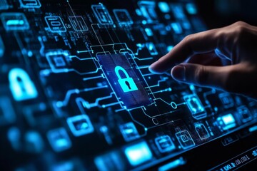 Unlocking digital security: finger tapping on futuristic interface with circuit board graphics