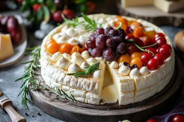 Gourmet cheese platter with fresh grapes, cherry tomatoes, and herbs