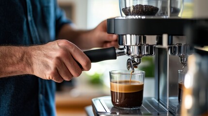 A man's hands are shown using an espresso machine to make a cup of coffee.