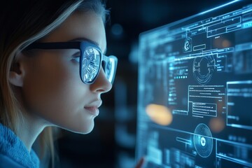Focused woman analyzing futuristic digital interface with glasses in tech environment
