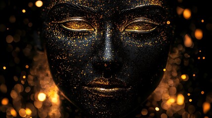 Gold Glitter Face Makeup Black and Gold Beauty Dramatic Close Up Portrait
