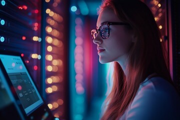 Focused woman analyzing data in a high-tech server room with vibrant lighting