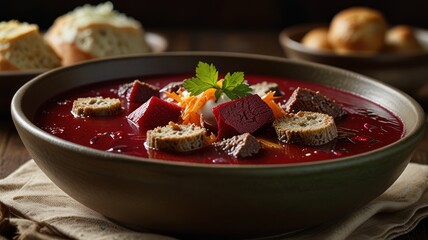 A bowl of red beet soup with croutons, sour cream, and parsley on a wooden table.