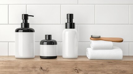 Spa products with towels on wooden surface