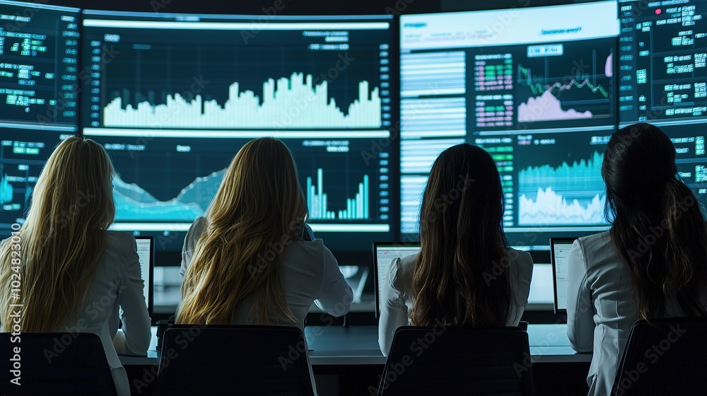 Poster four professionals analyze market data on multiple screens in a tech-driven trading environment, emp