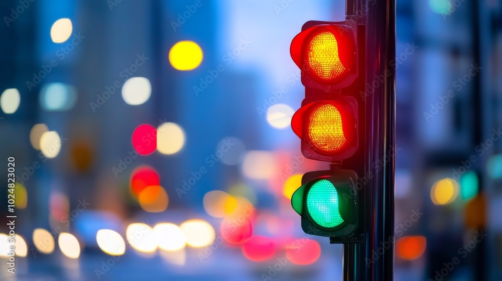 Poster traffic light indicating stop and go with bokeh background