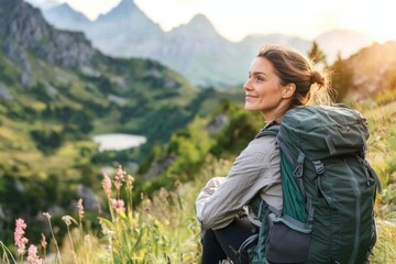 Naklejka premium Woman enjoying mountain view on a hiking adventure in serene landscape