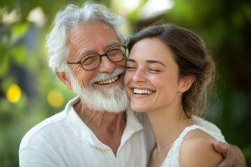 Joyful senior man and young woman embrace in scenic nature setting