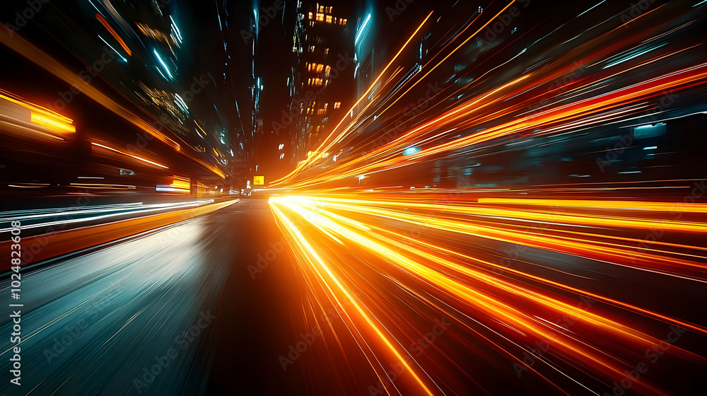 Poster dynamic cityscape with light trails conveying speed and motion.