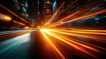 Dynamic cityscape with light trails conveying speed and motion.