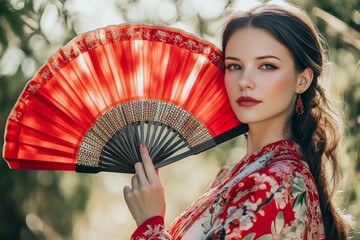 Elegant woman in floral kimono holding a vibrant red fan outdoors