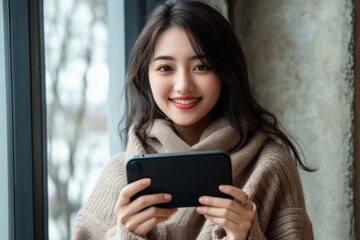 Fototapeta premium Smiling woman enjoying mobile phone by window in cozy setting