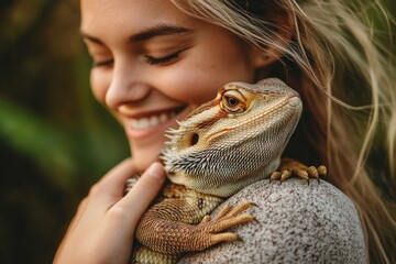 Smiling woman holding bearded dragon in outdoor setting for pet bonding and reptile connection