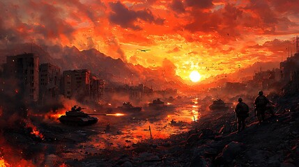 Post Apocalyptic Cityscape with Military Tanks and Soldiers at Sunset
