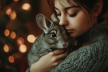 Naklejka premium Girl embracing chinchilla in cozy holiday setting with soft bokeh lights