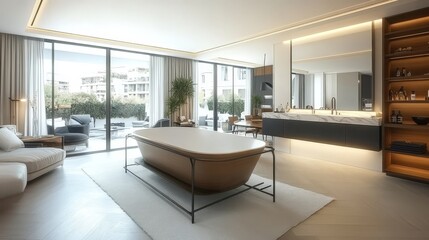 Modern Bathroom, Freestanding Tub, City Views. Natural Light, Luxurious Finishes, Spa Ambiance.