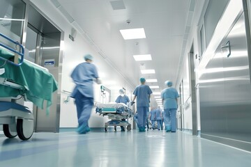 Blurred figures of people with medical uniforms in hospital corridor