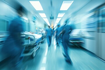 Blurred figures of people with medical uniforms in hospital corridor