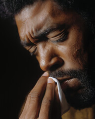 Man with stuffy nose, handkerchief in hand