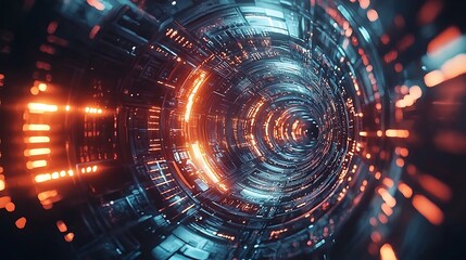 Obraz premium Futuristic Technology Tunnel with Glowing Orange Lights Abstract 3D Background