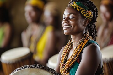 Joyful african woman playing drums in traditional beaded attire
