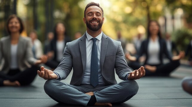 A man in a suit is sitting on the ground with his hands on his knees