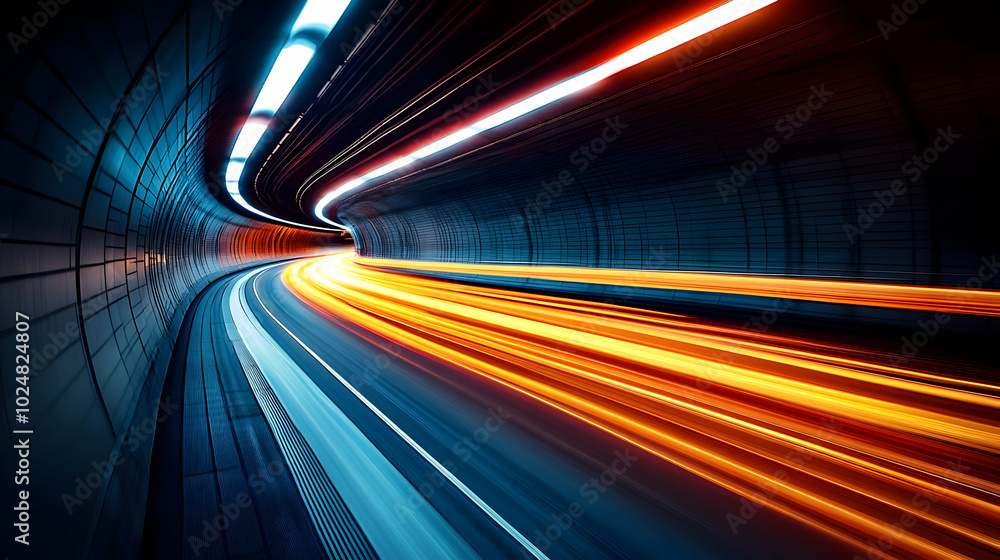 Poster a dynamic tunnel scene with light trails suggesting speed and motion.