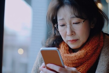 Woman in orange scarf using smartphone with concerned expression