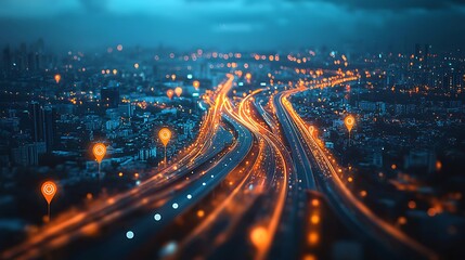 Fototapeta premium Night Cityscape with Traffic and Location Pins