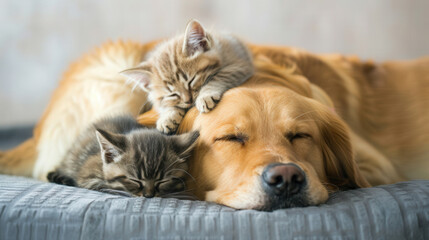 Kitten Nestled on Sleeping Dog, a heartwarming scene showcasing a playful kitten comfortably resting on a dog's head, vibrant colors, inviting composition with space for text