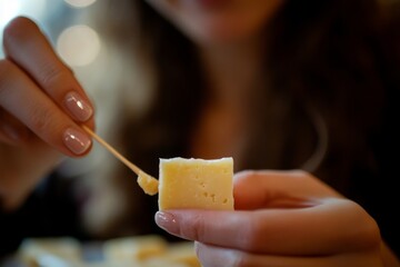 Close-up of hands holding cheese cubes with toothpick for tasting