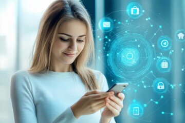 Young woman engaging with futuristic digital interface on smartphone