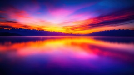 Vibrant Sunset Reflection, a captivating scene where vivid sunset hues of orange, pink, and purple shimmer on a serene lake, embodying nature's breathtaking beauty.
