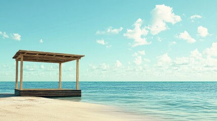 Empty beach cabana on a tropical shoreline, with space for text in the sky