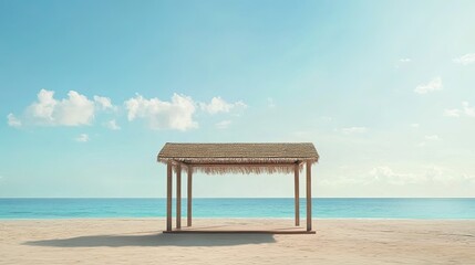 Fototapeta premium Empty beach cabana on a tropical shoreline, with space for text in the sky