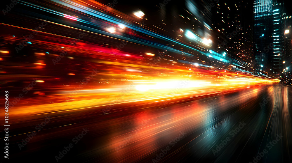 Poster abstract urban scene with dynamic light trails and reflections.