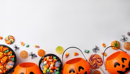 halloween trick or treat bottom border with jack o lantern pails and a variety of candy top view on a white banner background with copy space