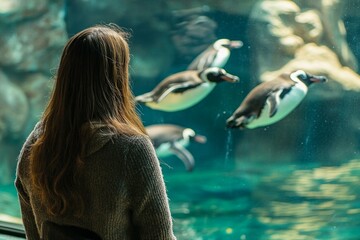 Woman observing penguins swimming in aquarium exhibit with glass background