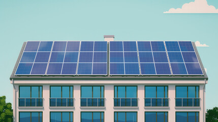 Fototapeta premium Solar Innovation, a vibrant flat design showcasing solar cells integrated into a modern building, representing the shift towards sustainable energy solutions in urban environments.