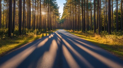 Fototapeta premium Artistic pathway through a serene pine forest, tall trees casting intricate shadows that create captivating patterns on the ground, inviting exploration and reflection.