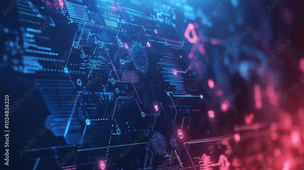 Poster futuristic digital landscape with glowing circuits and data visualization