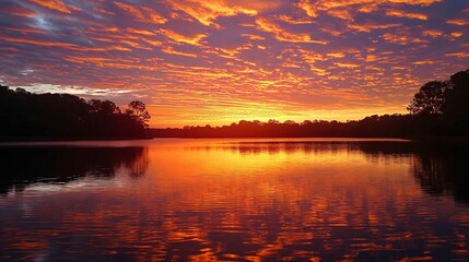 vibrant sunset over a lake, the sky ablaze with shades of orange