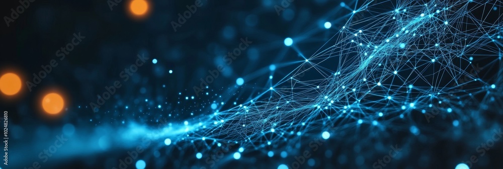 Poster abstract blue digital network background with connecting lines and dots, ai and big data concept