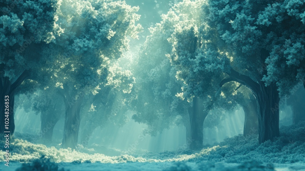 Poster a mystical forest with tall trees and a soft, ethereal light filtering through the canopy. the air i