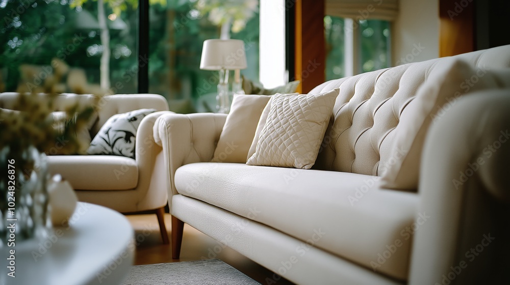 Poster soft beige sofas with decorative pillows create a warm atmosphere, illuminated by sunlight streaming