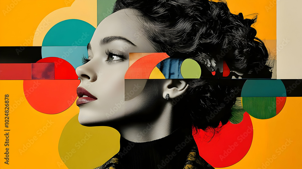 Poster a stylized portrait blending human features with abstract shapes.