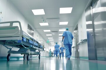 Blurred figures of people with medical uniforms in hospital corridor